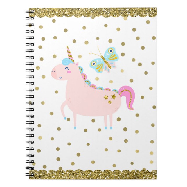 Pink & Gold Glitter Unicorn Confetti Dots Girls Notebook (Front)