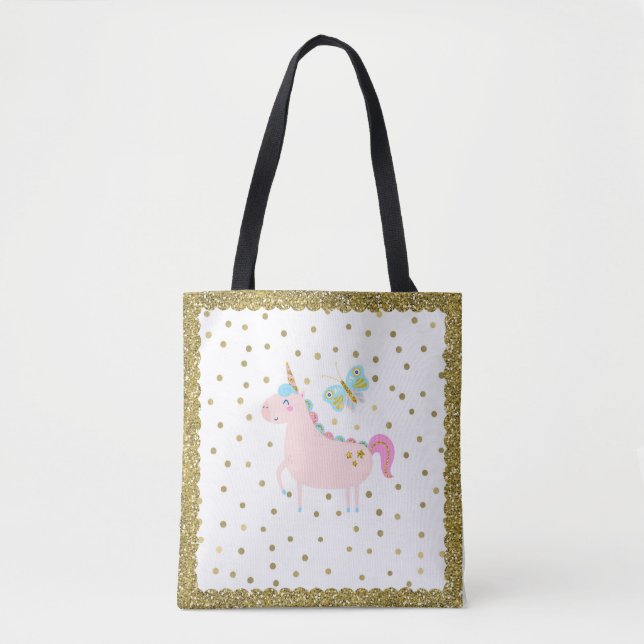 Pink & Gold Glitter Unicorn Confetti Dots Girls Tote Bag (Front)