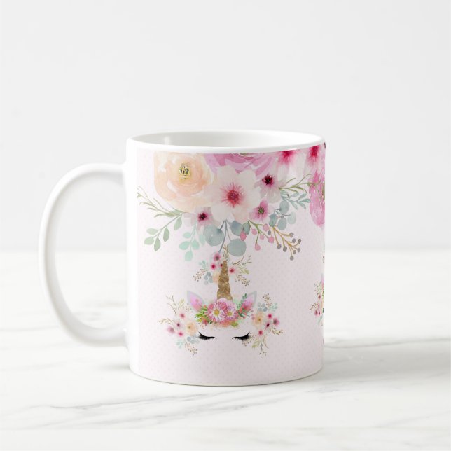 Pink Gold Glitter Unicorn Face Flowers Girls Gifts Coffee Mug (Left)