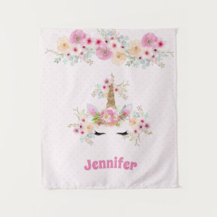 Pink Gold Glitter Unicorn Face Flowers Girls Gifts Tapestry
