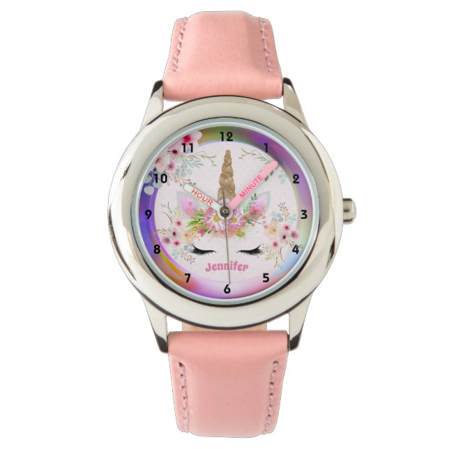 Pink Gold Glitter Unicorn Face Flowers Girls Gifts Watch (Front)