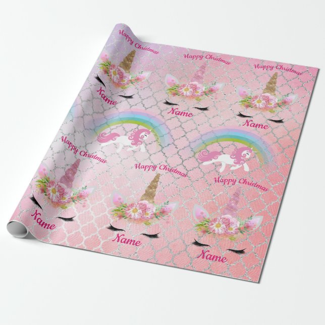 Pink Gold Glitter Unicorn Face Rainbow Girls Gift Wrapping Paper (Unrolled)