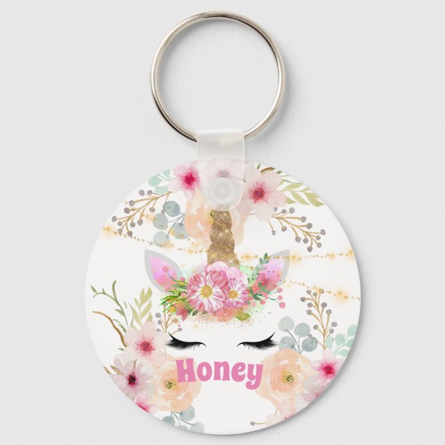 Pink Gold Glitter Unicorn Face Trendy Girls Gift Keychain (Front)