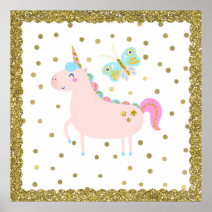 Pink & Gold Glitter Unicorn Girls Bedroom Nursery Poster