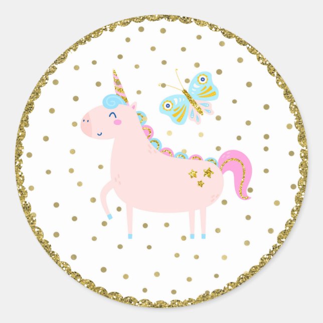 Pink & Gold Glitter Unicorn Girls Birthday Party Classic Round Sticker (Front)