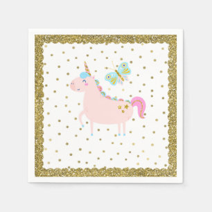 Pink & Gold Glitter Unicorn Girls Birthday Party Napkin