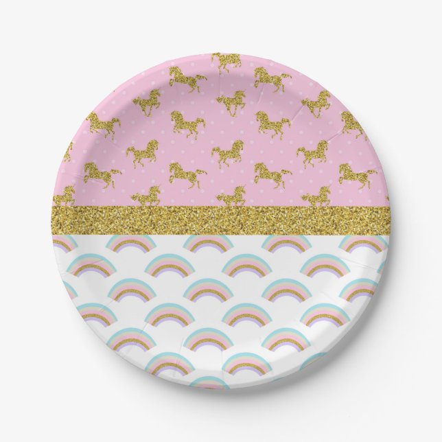 Pink Gold Glitter Unicorn Paper Party Plates (Front)
