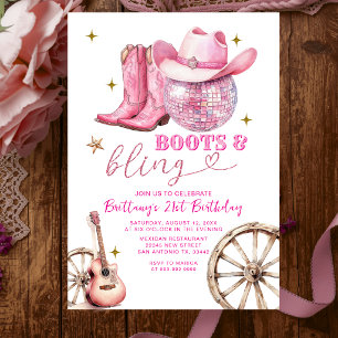 Pink Gold Glittter Boots and Bling 21st Birthday  Invitation