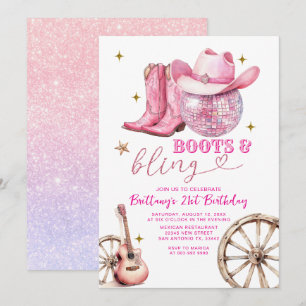 Pink Gold Glittter Boots and Bling 21st Birthday  Invitation