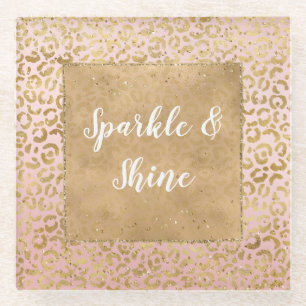 Pink Gold Glitz Sparkle Leopard Print Glass Coaster