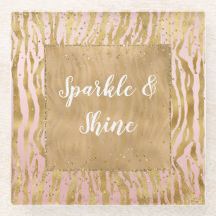 Pink Gold Glitz Sparkle Zebra Print           Glass Coaster