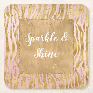 Pink Gold Glitz Sparkle Zebra Print Square Paper Coaster