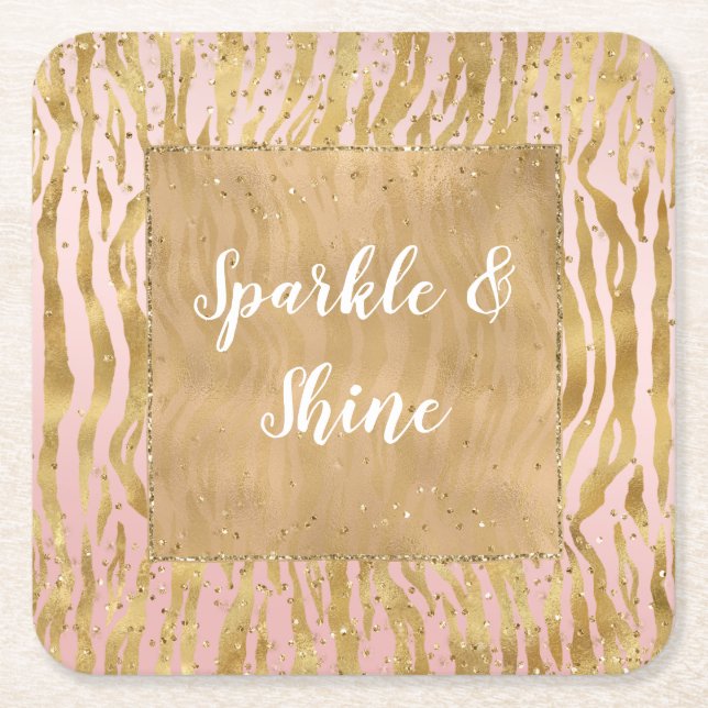 Pink Gold Glitz Sparkle Zebra Print          Square Paper Coaster (Front)