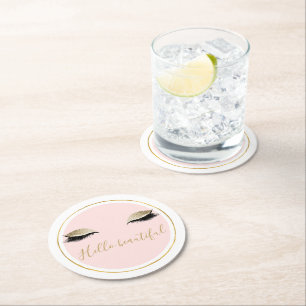 Pink Gold Glitzy Black Eyelashes Round Paper Coaster