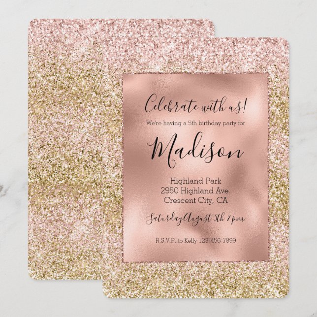Pink Gold Glitzy Girly Sparkle Glitter Ombre Invitation (Front/Back)
