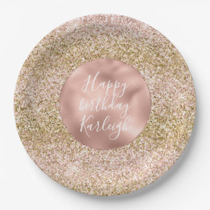 Pink Gold Glitzy Girly Sparkle Glitter Ombre Paper Plate