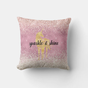 Pink Gold Glitzy Glitter Unicorn Throw Pillow