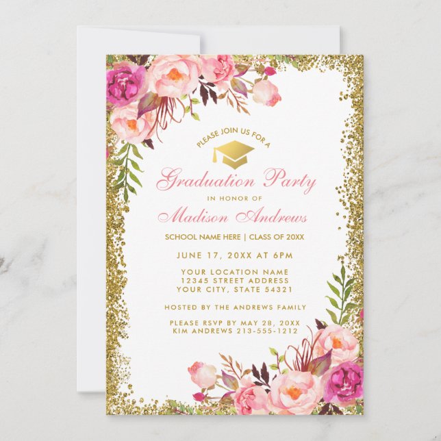 Pink Gold Graduation Party Glitter Invitation (Front)