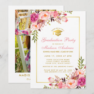 Pink Gold Graduation Party Invite - Back Photo