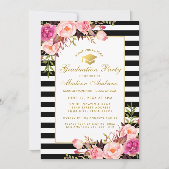 Pink Gold Graduation Party Striped Invitation (Devant)