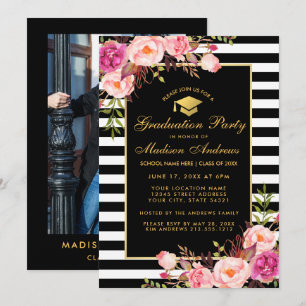 Pink Gold Graduation Striped Invitation - Photo Re