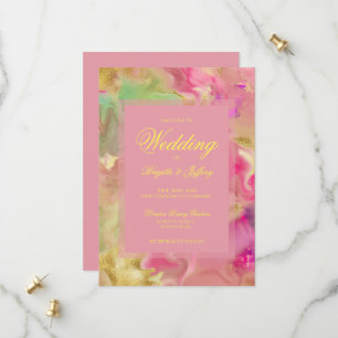 Pink, gold, green ink wedding invitations 