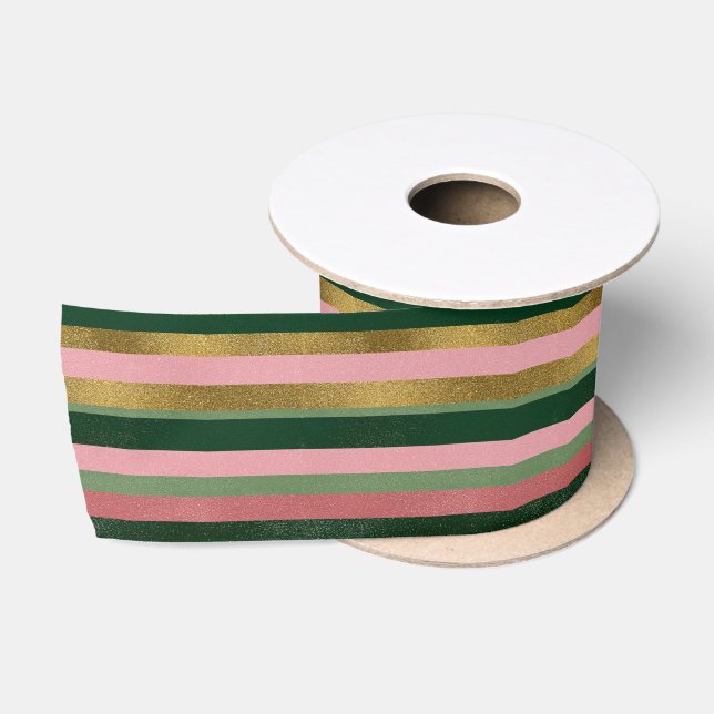 Pink Gold Green Stripes Christmas  Satin Ribbon (Spool)