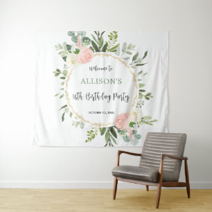 Pink gold greenery birthday party backdrop sign tapestry