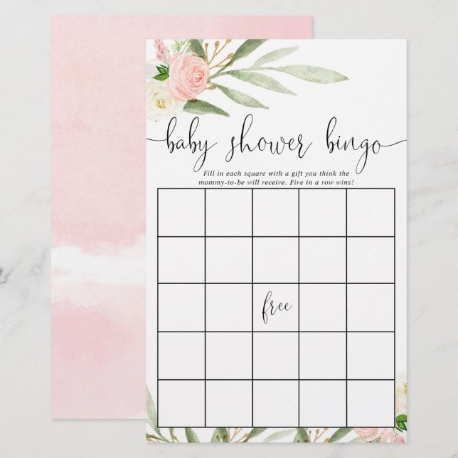 Pink gold greenery floral baby shower bingo cards (Front/Back)
