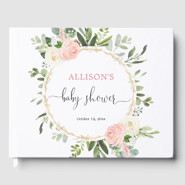 Pink gold greenery floral girl baby shower guest book (Front)