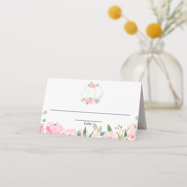 Pink gold greenery floral pumpkin fall place card (Front)
