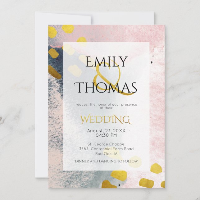 Pink Gold Grey Modern Abstract Watercolor Wedding Invitation (Front)