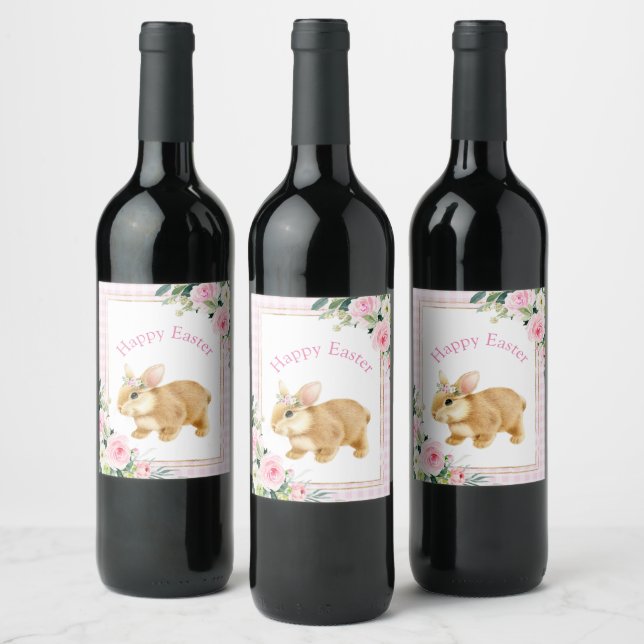 Pink & Gold Happy Easter Bunny Wine Label (Bottles)