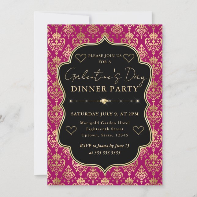 Pink & Gold Heart Damask Galentine's Dinner Party Invitation (Front)