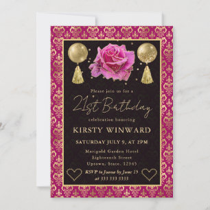 Pink & Gold Heart Damask & Rose 21st Birthday Invitation