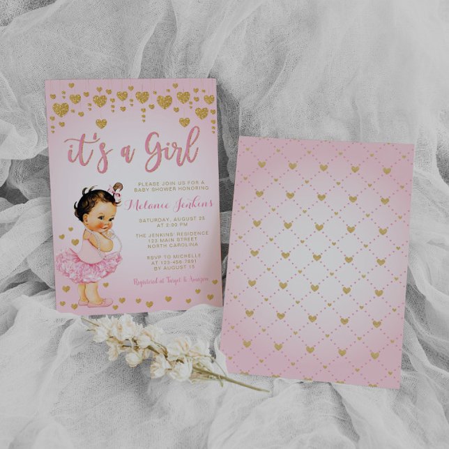 Pink Gold Heart Girl Tutu Baby shower Invitation (Créateur téléchargé)