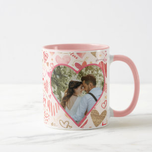Pink, Gold Hearts And Love Personalized Photos Mug