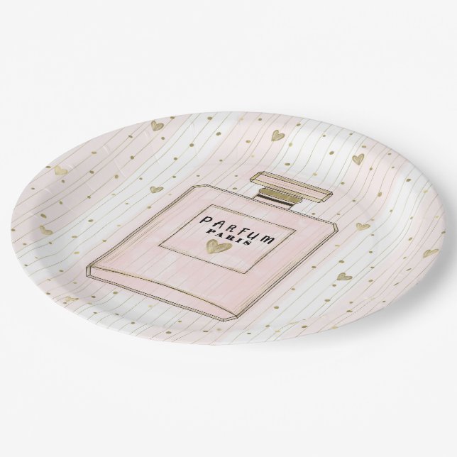 Pink & Gold Hearts Paris Parfum Chic Fashion Paper Plate (Angled)