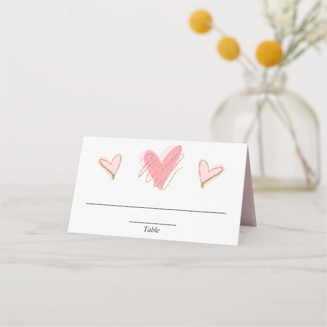 Pink gold hearts valentines day cute place card (Front)