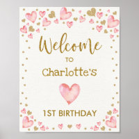 Pink Gold Hearts Welcome Sign First 1st Birthday