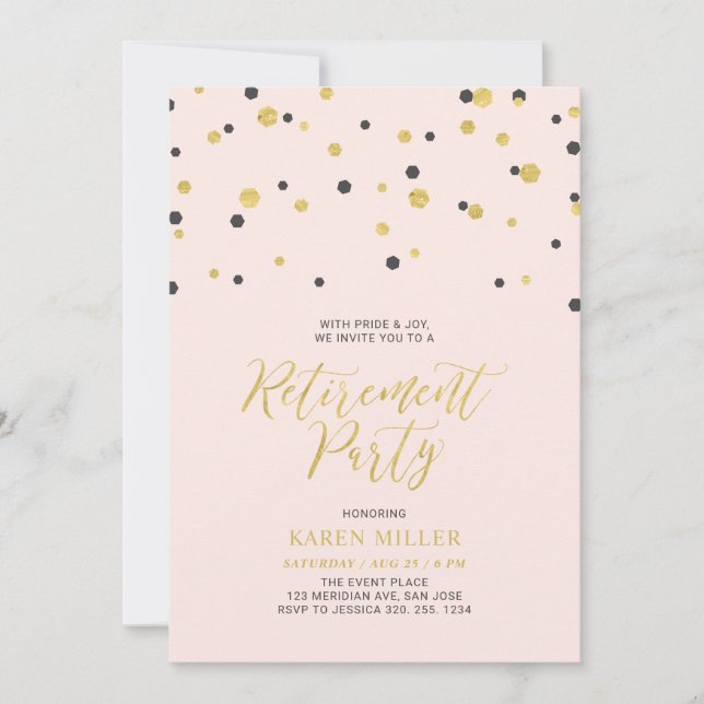 Pink & Gold | Hexagon Confetti Retirement Party Invitation (Front)