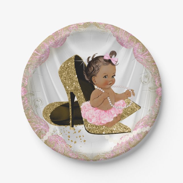 Pink Gold High Heel Ethnic Baby Shower Paper Plate (Front)