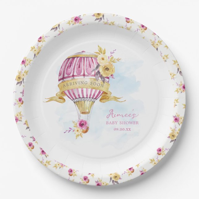 Pink Gold Hot Air Balloon Baby Shower Personalized Paper Plate (Front)