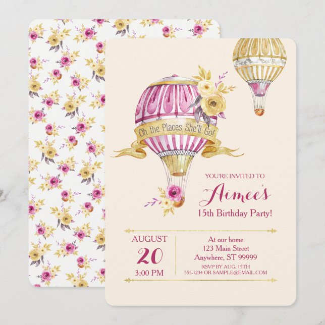Pink+Gold Hot Air Balloon Invitation Anniversaire (Devant / Derrière)