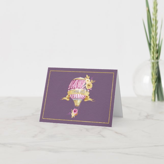 Pink+Gold Hot Air Balloon "Thank You" Thank You Card (Front)