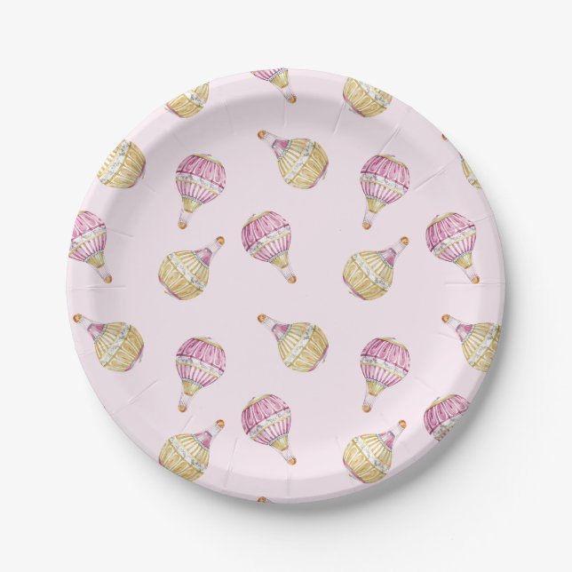 Pink Gold Hot Air Balloons Baby Shower Paper Plate (Front)