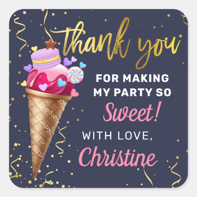 Pink Gold Ice Cream Birthday Navy Blue Thank You Square Sticker (Front)