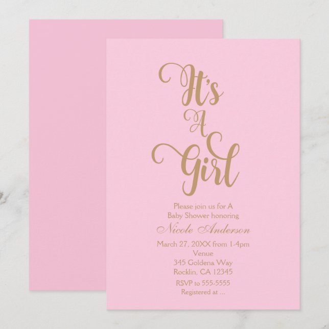 Pink & Gold It's A Girl Baby Shower Invitations (Front/Back)