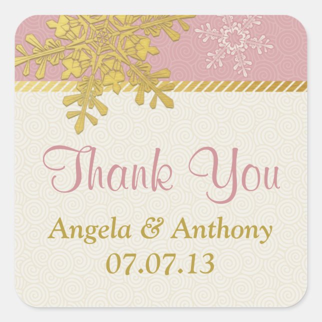 Pink Gold Ivory Snowflake Winter Wedding Stickers (Front)