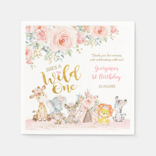 Pink Gold Jungle Safari Animals Wild One Birthday Napkin